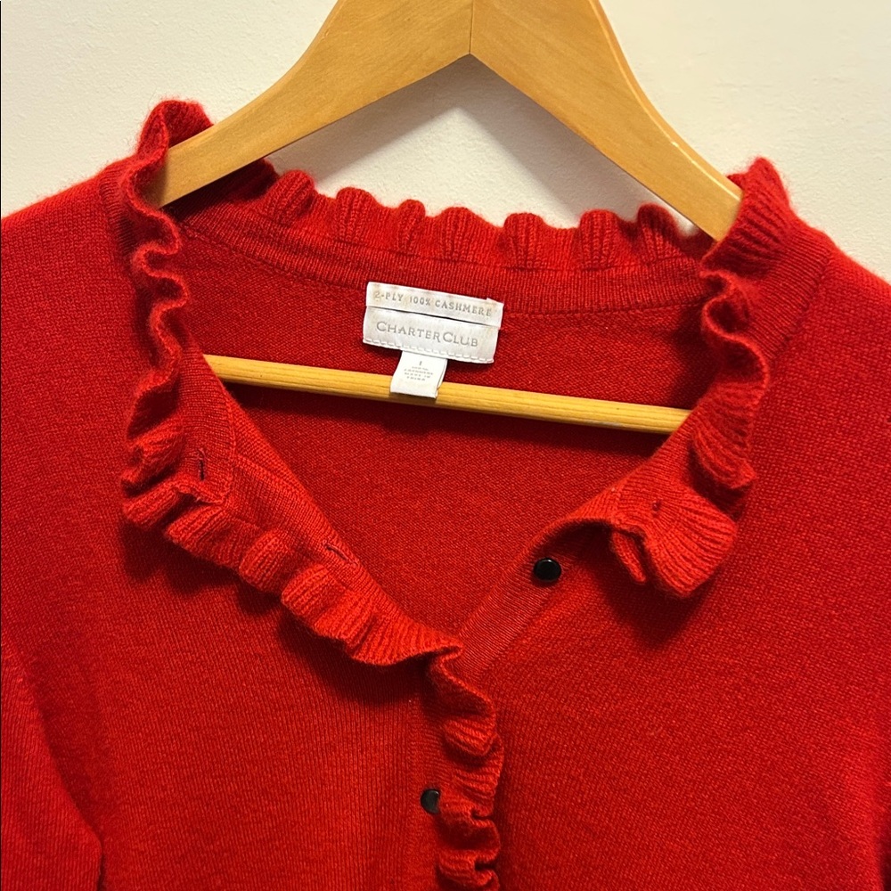 Charter Club Red Ruffled Button Down Cashmere Sweater - Picture 3 of 8